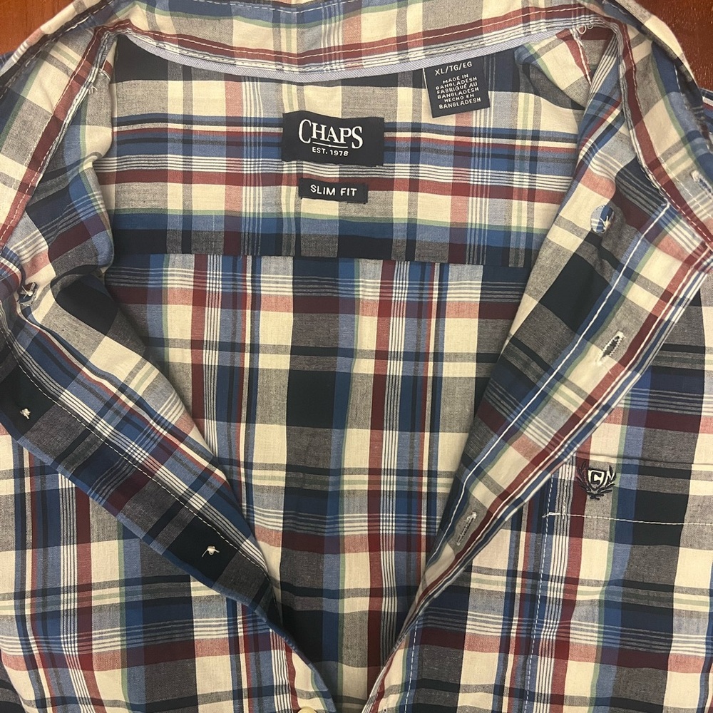 Chaps Mens Slim Fit Plaid Button Down Shirt Long Sleeve red/white/blue  XL